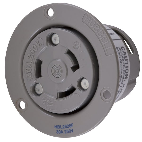Flanged Locking Receptacle, L6-30R, 30 A, 250V AC, Single Phase, 2 Pole, Flush Mount, Gray